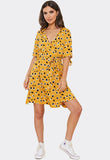 Mustard Abstract Animal Print Wrap Frill Dress