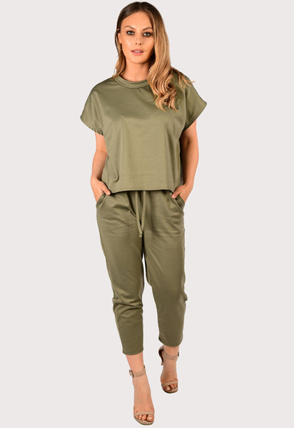 Khaki Short Sleeve Baggy Comfy Boxy Loungewear 2 Piece Set