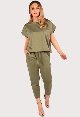 Khaki Short Sleeve Baggy Comfy Boxy Loungewear 2 Piece Set