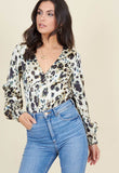 Cream Inky Animal Button Through Shirred Cuff Detail Tea Top