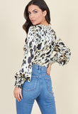 Cream Inky Animal Button Through Shirred Cuff Detail Tea Top