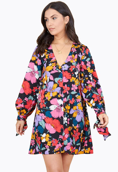 Multi Floral Print Tie Cuff Sleeve Button Down Trapeze Mini Dress