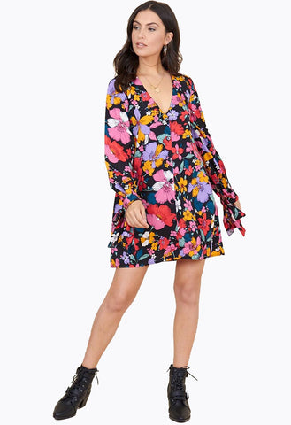 Multi Floral Print Tie Cuff Sleeve Button Down Trapeze Mini Dress