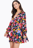 Multi Floral Print Tie Cuff Sleeve Button Down Trapeze Mini Dress