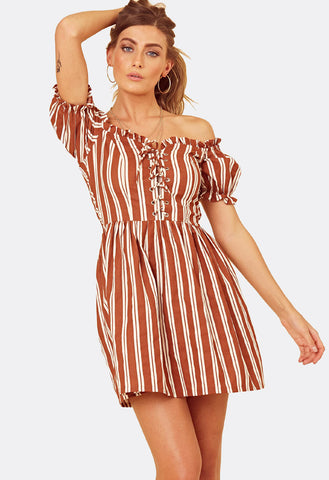 Brown Stripe Off the Shoulder Lace Up Detail Skater Dress