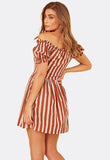 Brown Stripe Off the Shoulder Lace Up Detail Skater Dress