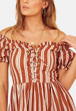 Brown Stripe Off the Shoulder Lace Up Detail Skater Dress