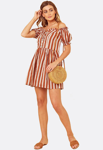 Brown Stripe Off the Shoulder Lace Up Detail Skater Dress