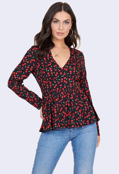 Black Base Cherry Print Long Sleeve Tea Top