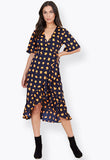 Navy Orange Puzzle Spot Print Wrap Frill Hem Midi Dress