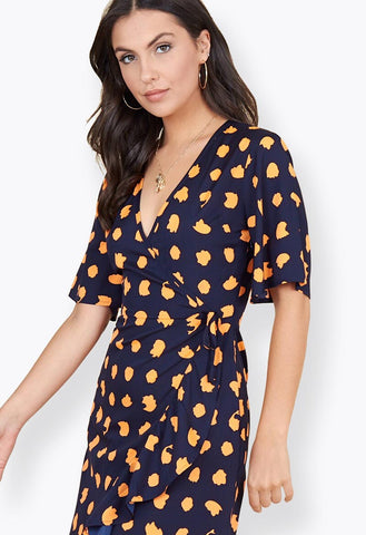 Navy Orange Puzzle Spot Print Wrap Frill Hem Midi Dress