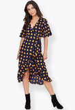 Navy Orange Puzzle Spot Print Wrap Frill Hem Midi Dress