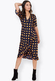 Navy Orange Puzzle Spot Print Wrap Frill Hem Midi Dress