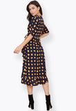 Navy Orange Puzzle Spot Print Wrap Frill Hem Midi Dress