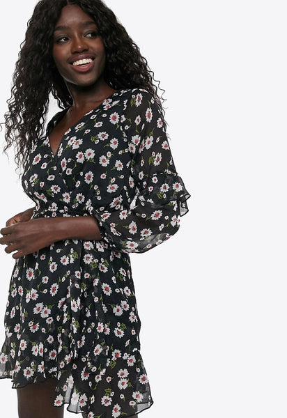 Black Floral V Neck Sheer Sleeves Tea Dress