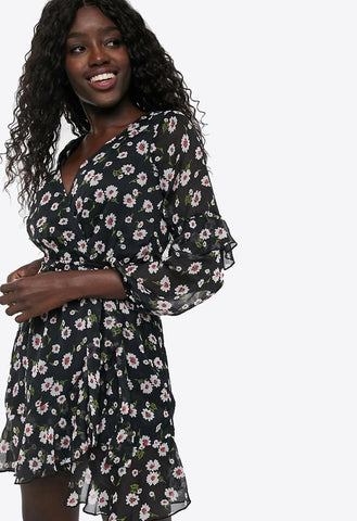 Black Floral V Neck Sheer Sleeves Tea Dress