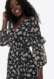 Black Floral V Neck Sheer Sleeves Tea Dress