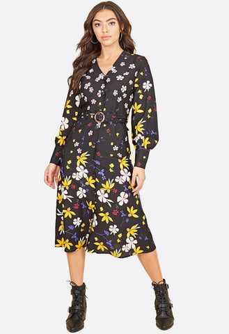 Multi Floral Horn Button Front Belted Buckle Midi Dress