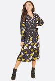 Multi Floral Horn Button Front Belted Buckle Midi Dress