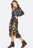 Multi Floral Horn Button Front Belted Buckle Midi Dress