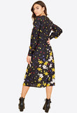 Multi Floral Horn Button Front Belted Buckle Midi Dress