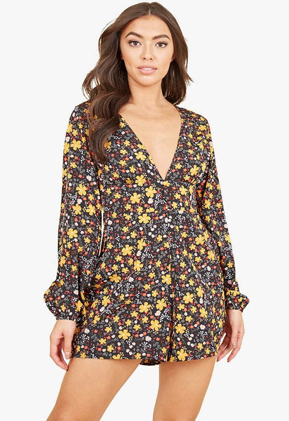 Multi Ditsy Floral Print Balloon Sleeves Plunge Playsuit