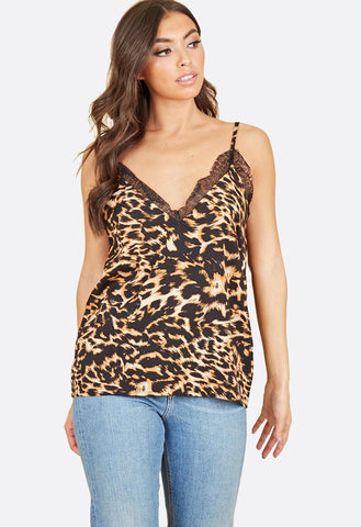 Animal Print Cami Top With Lace Detailing