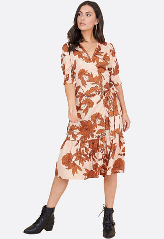 Floral Print Ruffled Tiered Hem Wrap Midi Dress