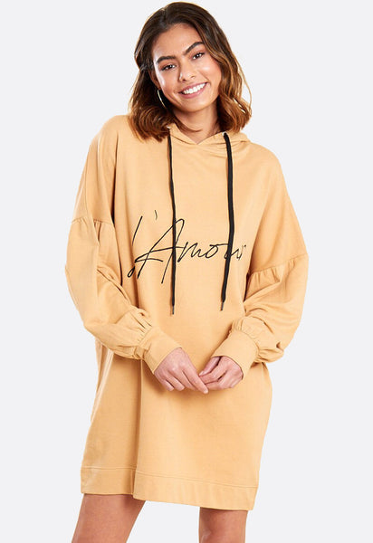 Stone Slogan Balloon Sleeve Hooded Sweat Dress