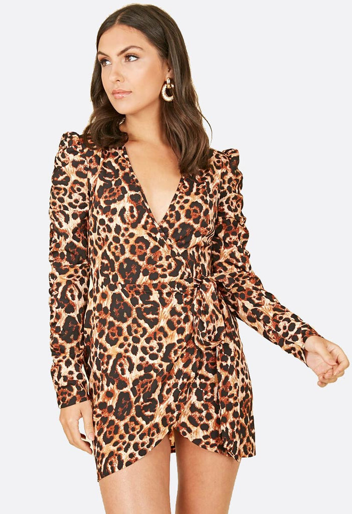 leopard wrap mini dress Raquela Wrap Mini Dress Leopard