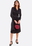 Black Satin Wrap Lapel Collar Buckle Detail Midi Dress