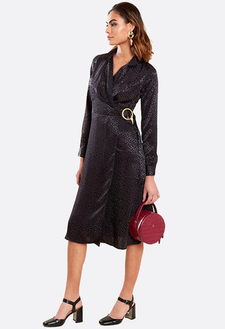 Black Satin Wrap Lapel Collar Buckle Detail Midi Dress