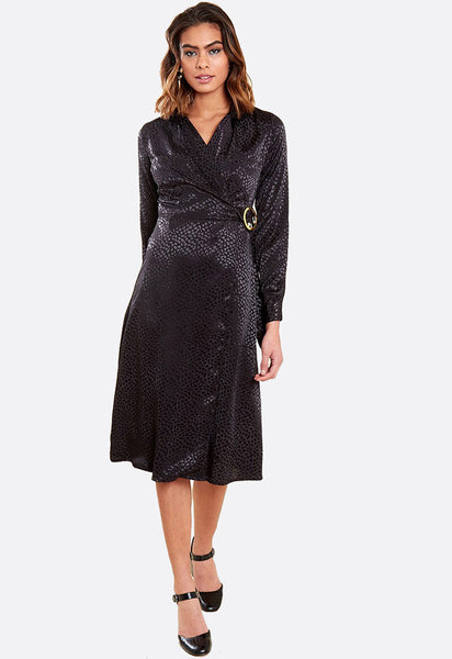 Black Satin Wrap Lapel Collar Buckle Detail Midi Dress