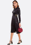 Black Satin Wrap Lapel Collar Buckle Detail Midi Dress