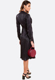 Black Satin Wrap Lapel Collar Buckle Detail Midi Dress