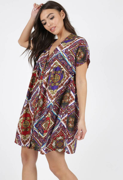 Multi Paisley Print Button Detail Smock Dress