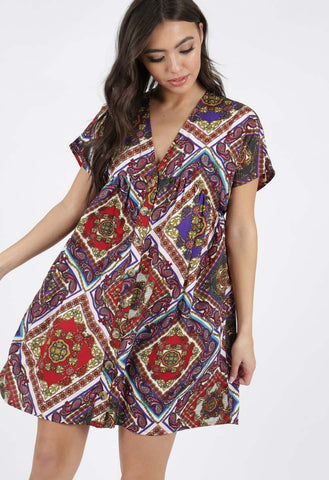 Multi Paisley Print Button Detail Smock Dress