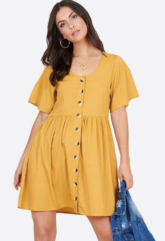 Mustard Polka Dot Horn Button Front Mini Smock Dress