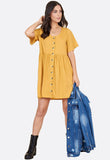 Mustard Polka Dot Horn Button Front Mini Smock Dress