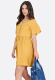 Mustard Polka Dot Horn Button Front Mini Smock Dress