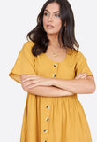 Mustard Polka Dot Horn Button Front Mini Smock Dress