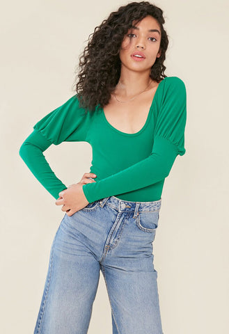 Green Scoop Neck Puff Sleeve Bodysuit