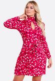 Red Spot Print Ruffle High Neck Key Hole Mini Dress