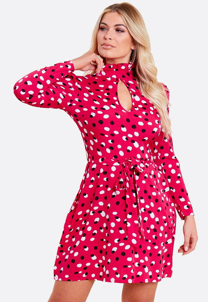 Red Spot Print Ruffle High Neck Key Hole Mini Dress