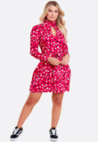 Red Spot Print Ruffle High Neck Key Hole Mini Dress