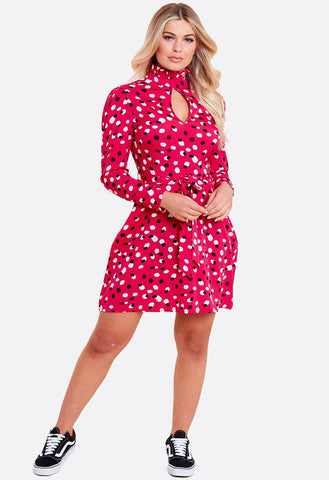 Red Spot Print Ruffle High Neck Key Hole Mini Dress