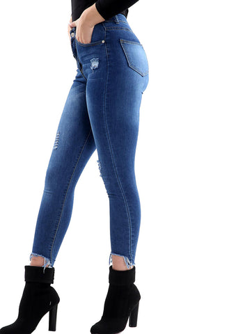 Blue High Waisted Frayed Skinny Fit Jeans