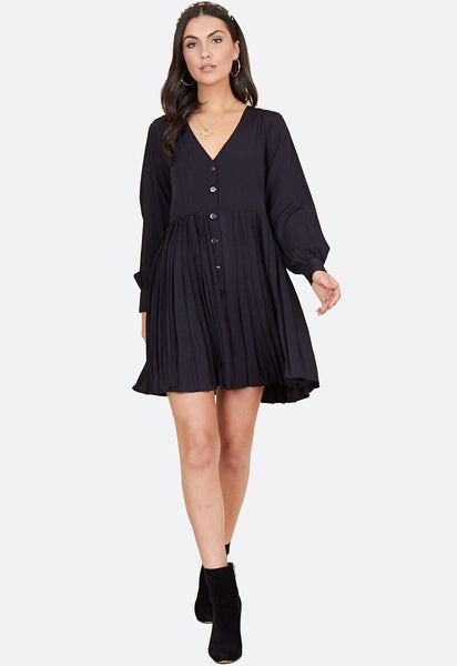 Black Button Down Smock Dress with Pleat Skirt