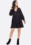 Black Button Down Smock Dress with Pleat Skirt