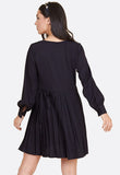 Black Button Down Smock Dress with Pleat Skirt